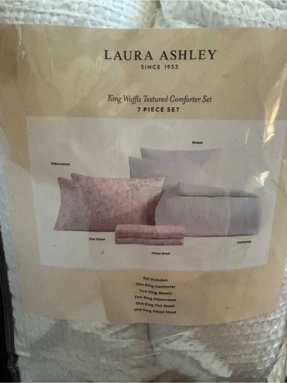 Laura Ashley Waffle Textured Pink King Comforter Sheet Set 7 Pc Bedding